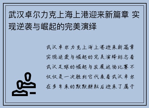 武汉卓尔力克上海上港迎来新篇章 实现逆袭与崛起的完美演绎
